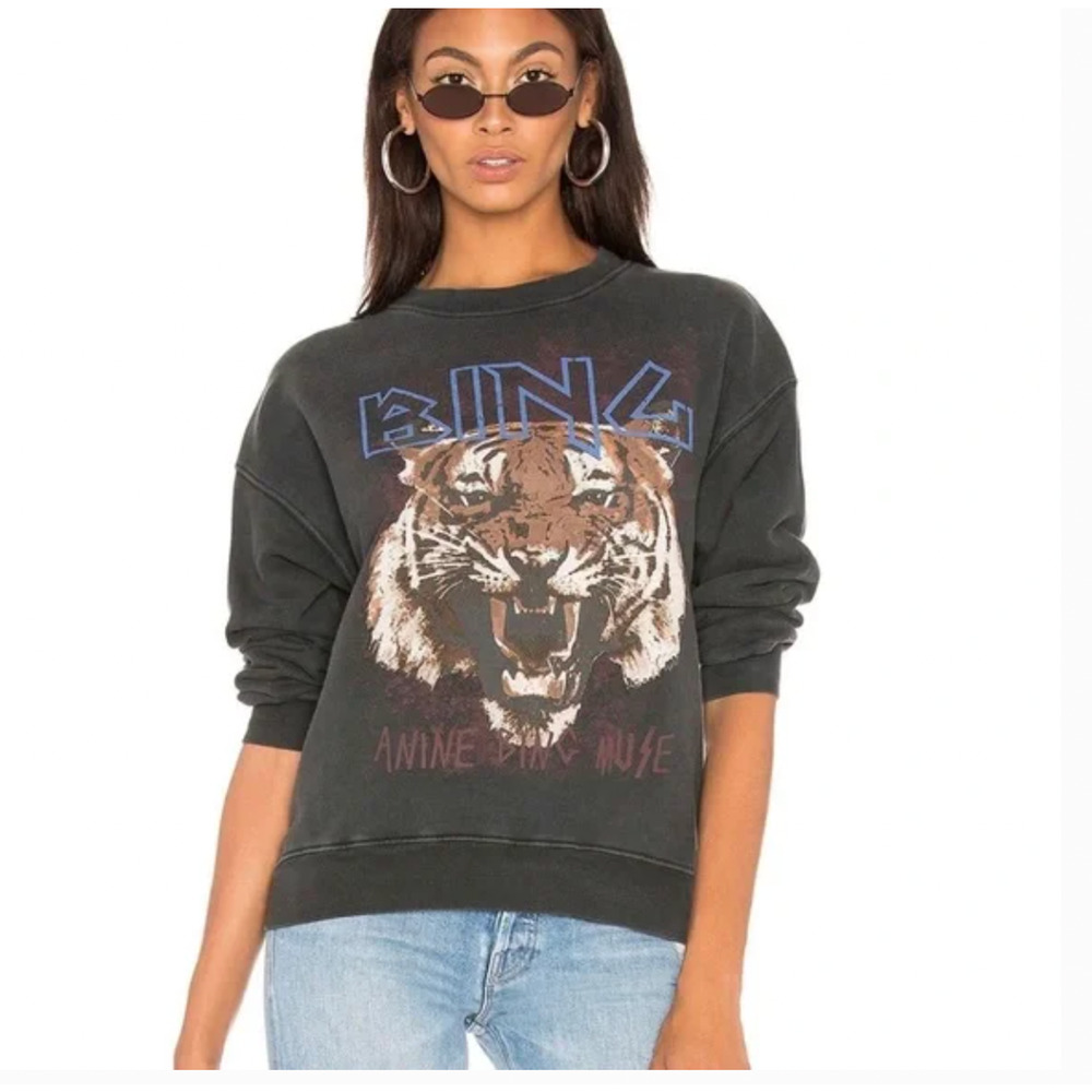 Anine Bing Tiger Muse Sweatshirt Washed Black Crewneck Graphic‎ Pullover Size XS